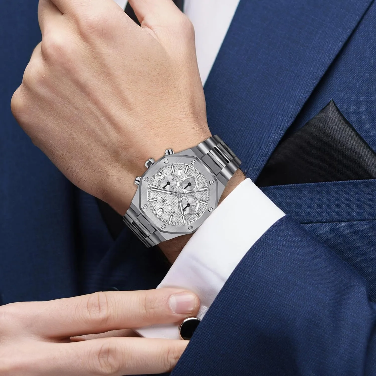 Quartz Watch for Men with Date Elegant Mens dimensional celestial nebular SAPPHERO Men's Watch Octagonal Stainless Steel 30M Waterproof Luminous Wristwatch Luxury Analog 