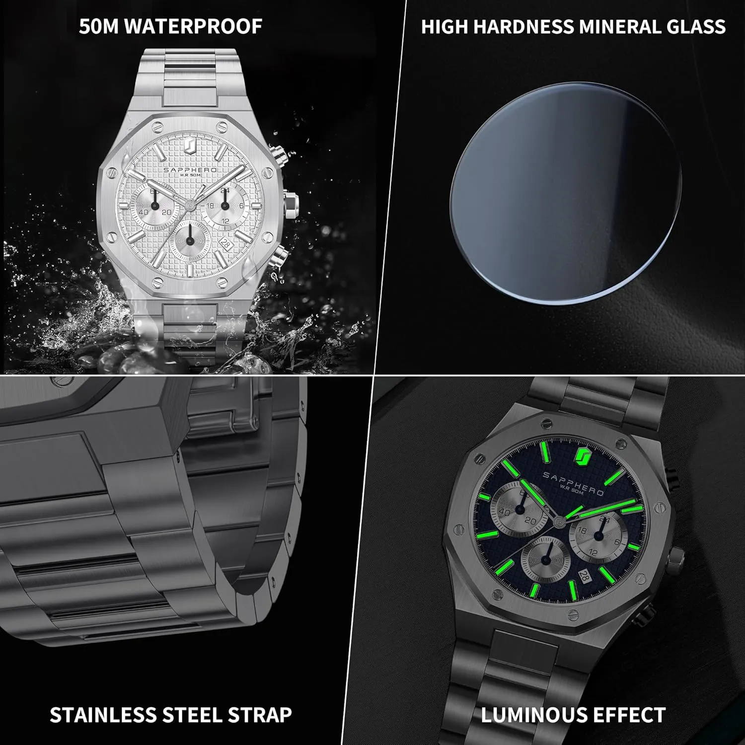 Quartz Watch for Men with Date Elegant Mens dimensional celestial nebular SAPPHERO Men's Watch Octagonal Stainless Steel 30M Waterproof Luminous Wristwatch Luxury Analog 