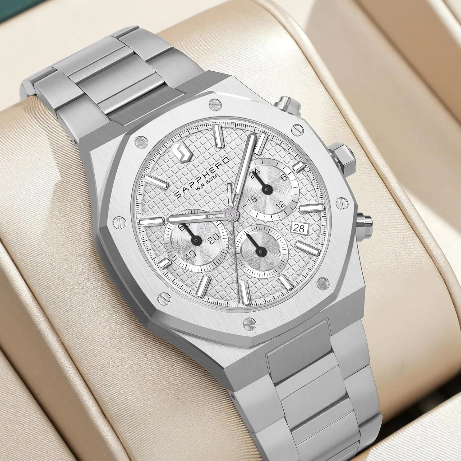 Quartz Watch for Men with Date Elegant Mens dimensional celestial nebular SAPPHERO Men's Watch Octagonal Stainless Steel 30M Waterproof Luminous Wristwatch Luxury Analog 