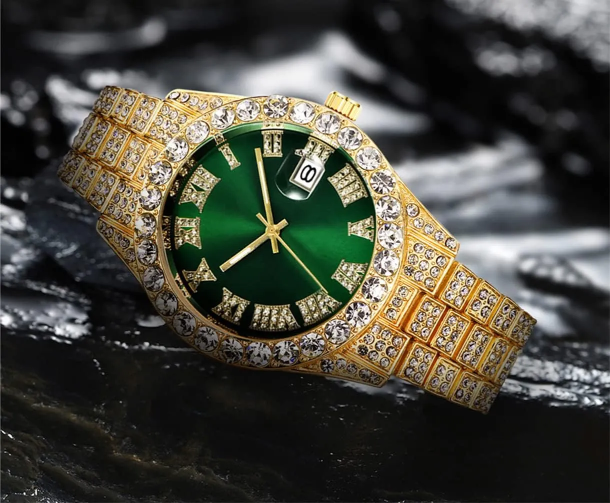 Quartz Watch Hip Hop Iced Out Men's Rhinestone Watch Diamond vase helium Analog 