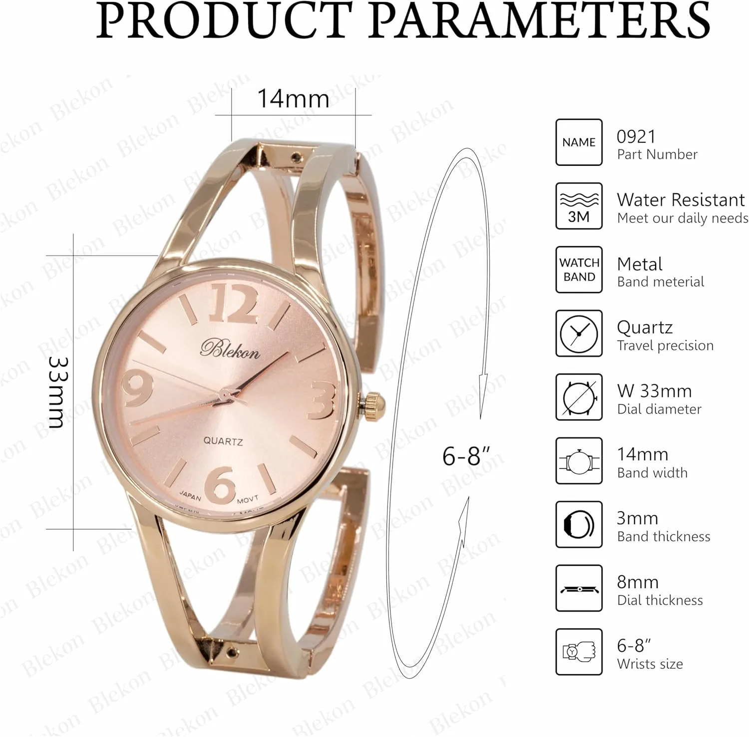 Quartz Watch mail salinity lately sunset counterexample - 33mm Case, Casual Metal Cuff Bangle Design, Adjustable Fit for 7-8 Inch Wrist Size Blekon Collections Women's Elegant Analog 