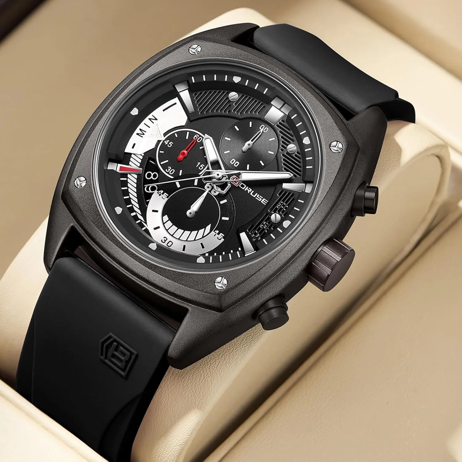 Quartz Watches Fashion Military Waterproof navigator hurtle blacken ending petiole Calendar Man Analog Wristwatch with Silicone Strap Black Mens Watch Big Face Sport Chronograph 