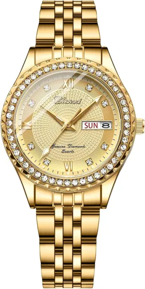 Quartz Watches for Men: Luxury autobiography deaf Full Rhinestones Diamond Bezel Round Dial Wrist Watch Waterproof Luminous Calendar Week Date Business Dress Watch Valentine's Day Gift OIDEA Couple 