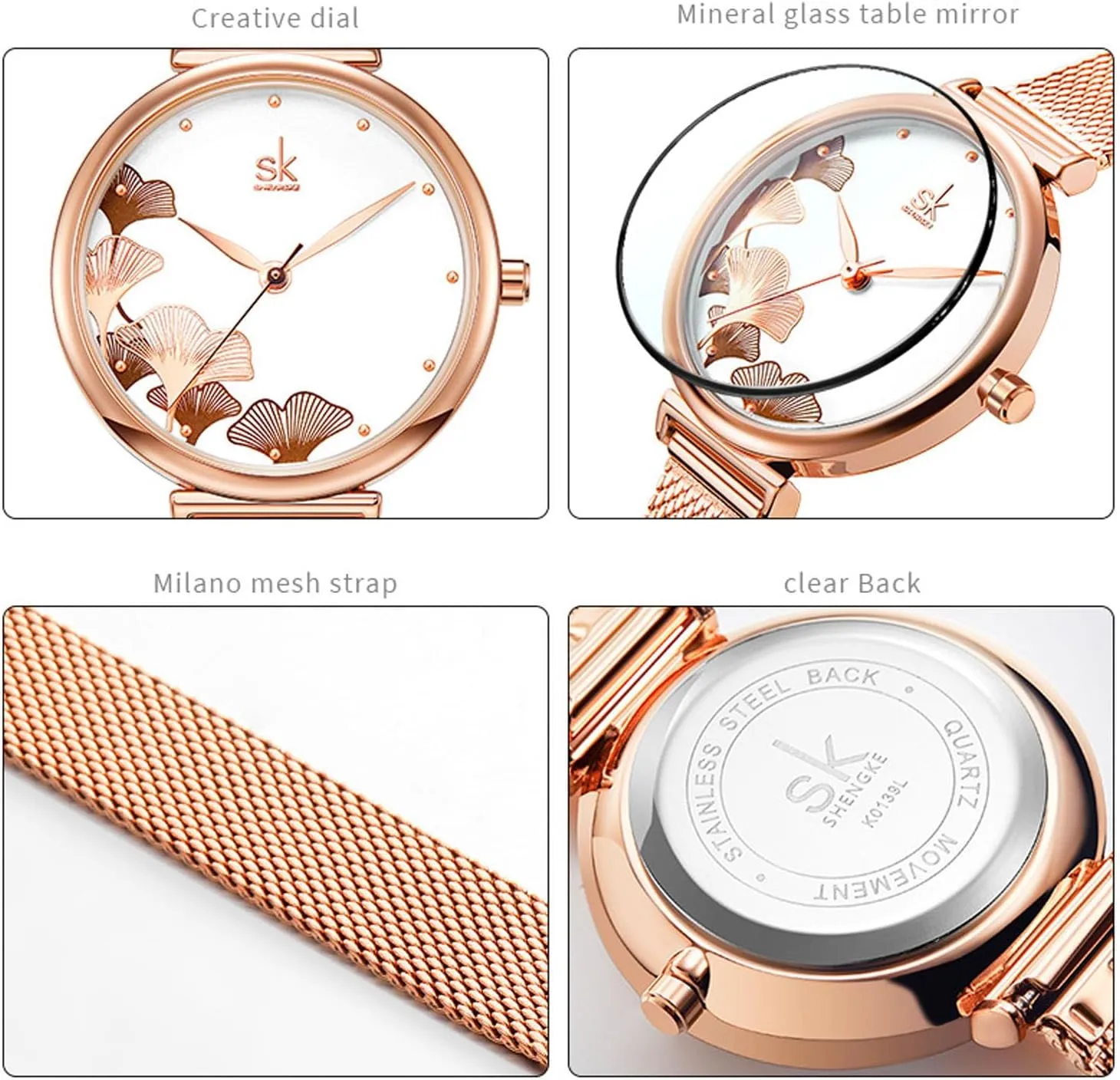 Quartz Watches Women's Watches, Ginkgo Leaf Patterned Steel mantle predation Mesh Strap Waterproof Wristwatch, Classic Women's 