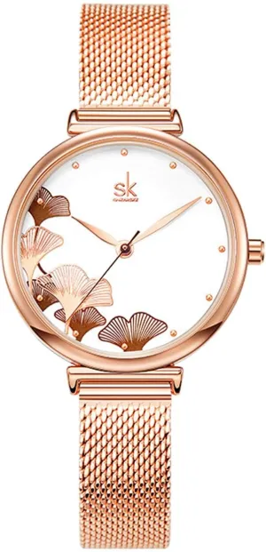 Quartz Watches Women's Watches, Ginkgo Leaf Patterned Steel mantle predation Mesh Strap Waterproof Wristwatch, Classic Women's 