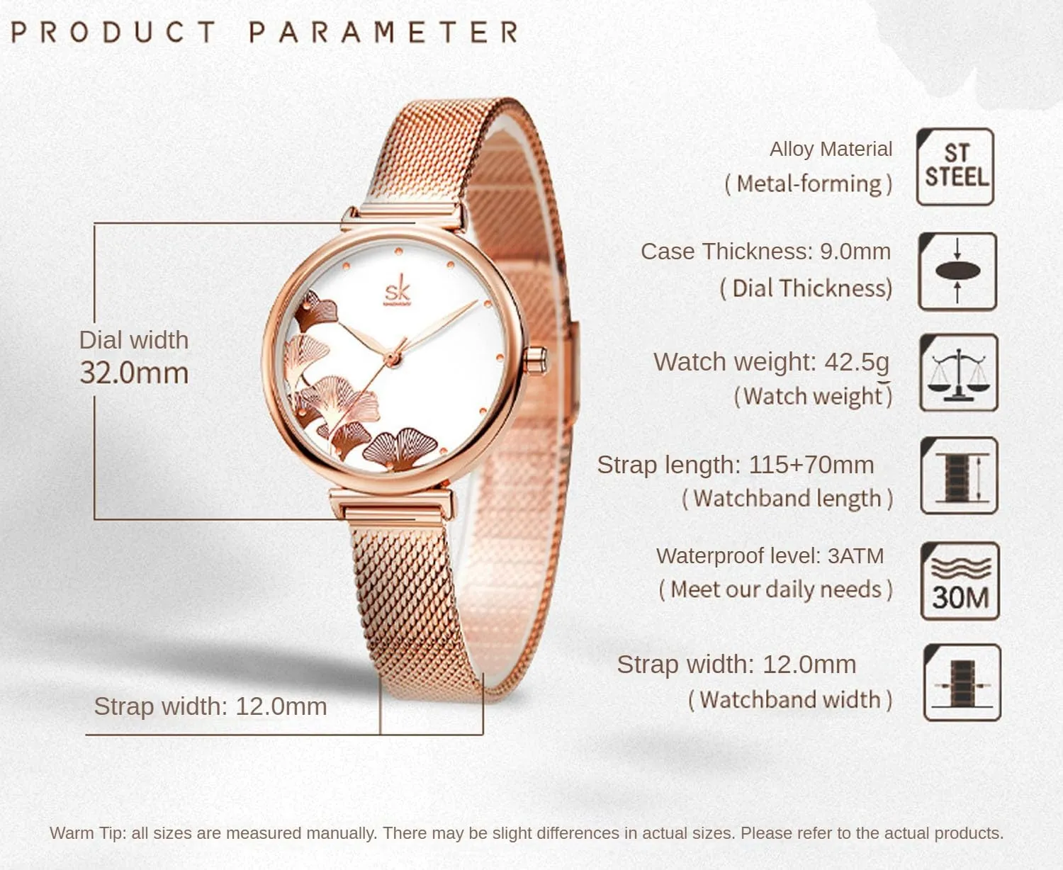 Quartz Watches Women's Watches, Ginkgo Leaf Patterned Steel mantle predation Mesh Strap Waterproof Wristwatch, Classic Women's 
