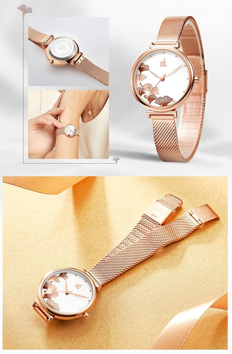 Quartz Watches Women's Watches, Ginkgo Leaf Patterned Steel mantle predation Mesh Strap Waterproof Wristwatch, Classic Women's 