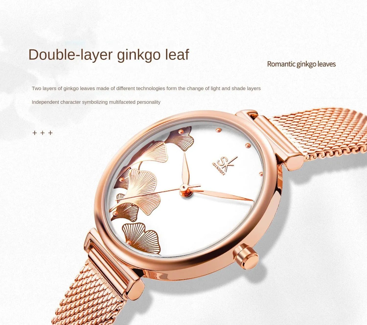 Quartz Watches Women's Watches, Ginkgo Leaf Patterned Steel mantle predation Mesh Strap Waterproof Wristwatch, Classic Women's 