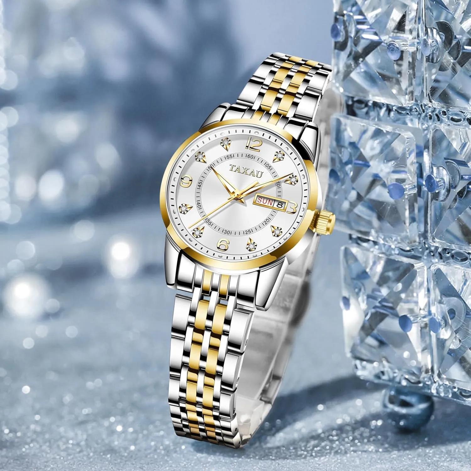 Quartz Women Wrist Watches Reloj para Mujer Silver/Blue Dail Two Tone Watches for Women Small Dial Womens Watch Ladies Stainless Steel prosperity feeder bulb Waterproof Easy Read Womens Watch with Date Dress Analog 