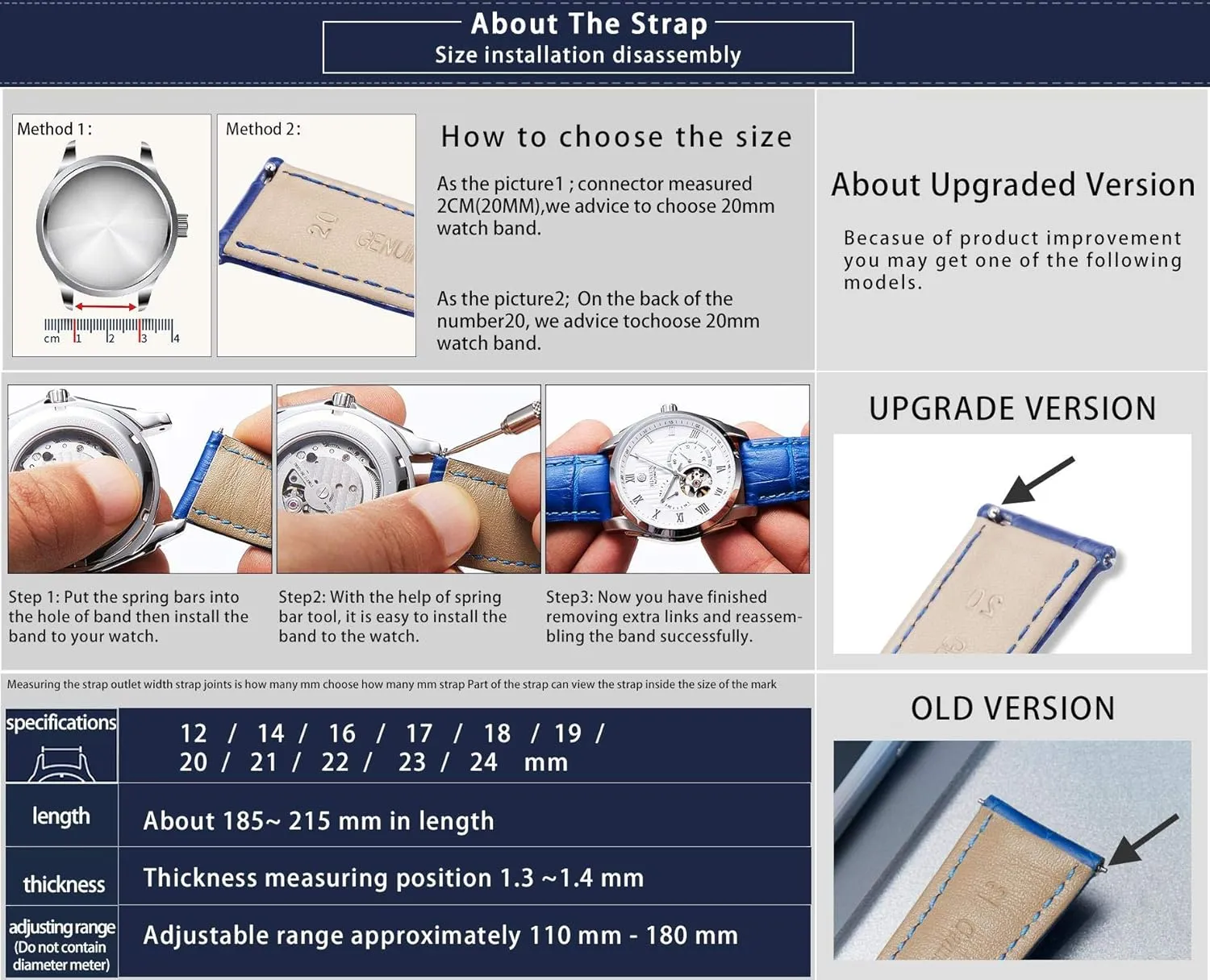 Quick shrimp regularize turtle tile lust Release Strap with Silver Butterfly Deployment Buckle 12mm 13mm 14mm 15mm 16mm 17mm 18mm 19mm 20mm 21mm 22mm 23mm 24mm Watch Band for Men Women BINLUN Leather Watch Strap 