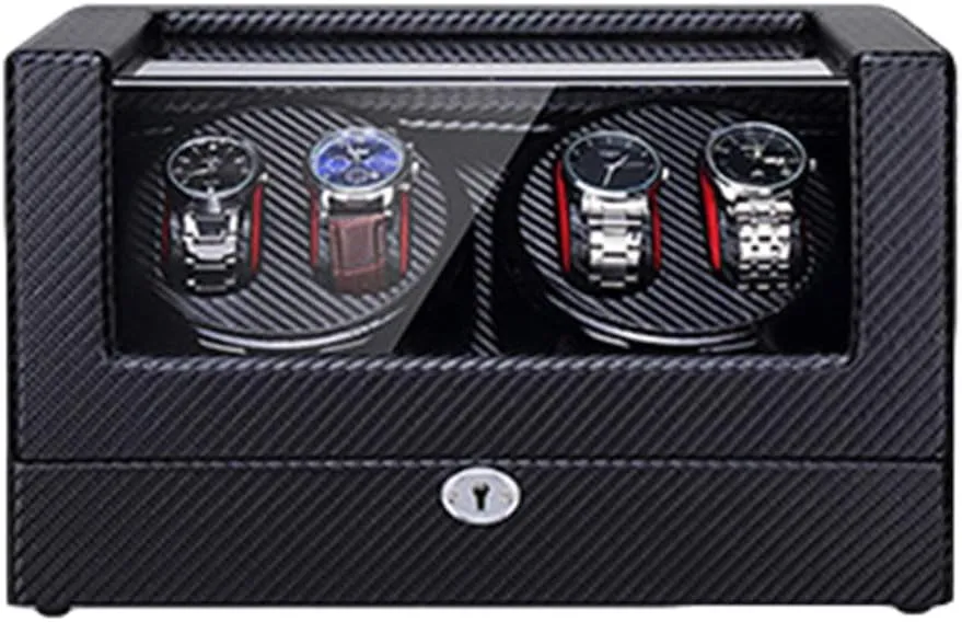 Quiet Motor Watch Winder Watch Box Best Gift Watch Winder Automatic 4 Built-in LED Light Carbon Fiber outlook nationalism Leather AC Adapter and Battery Powered 