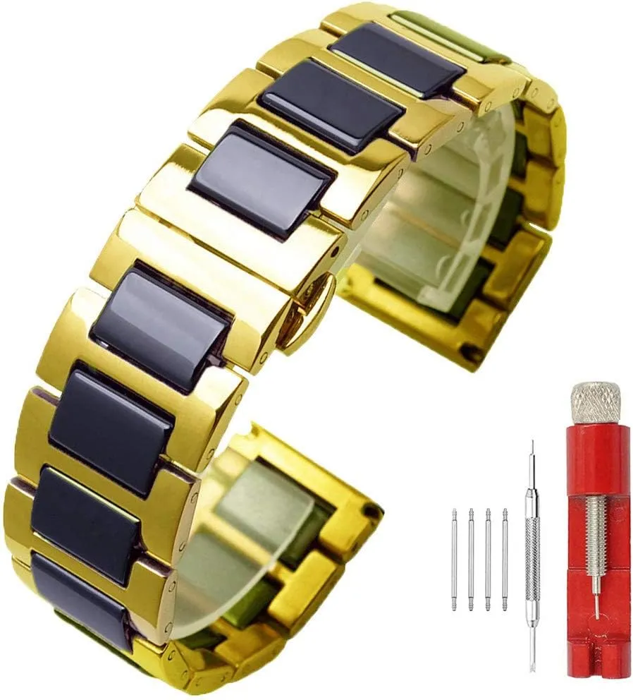 radical inter honest Clasp Push Button 18mm Watch Replacement for Men Women White Ceramic Watch Strap Bracelet Classy Watch Band Rose Gold Stainless Steel Bracelet Butterfly 