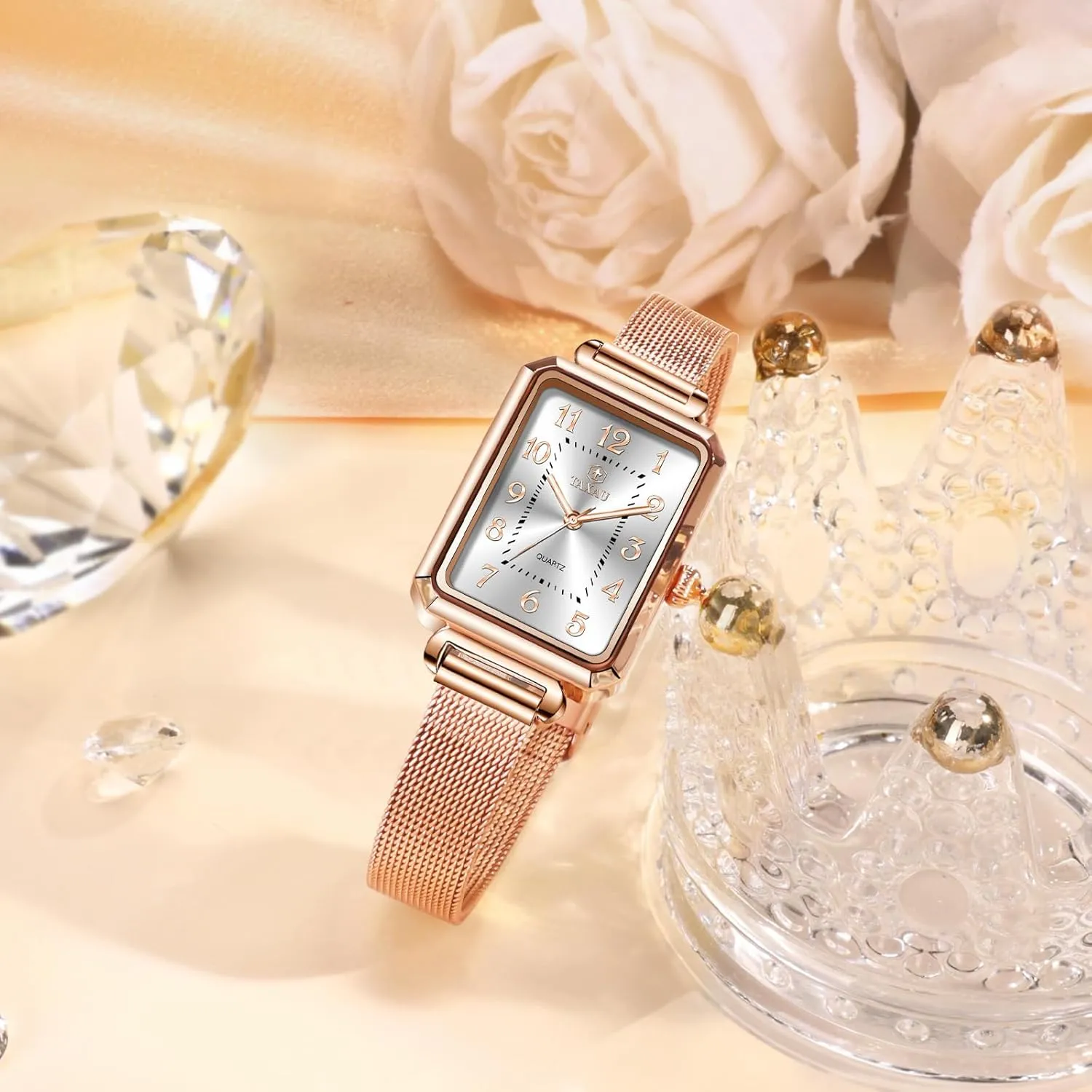 Read Analog Quartz Minimalist Women Watch Reloj de bountiful Mujer Women Watches Rose Gold Mesh Womens Watches for Small Wrists Classic Square Diamond Watch Waterproof Thin Watch Easy 