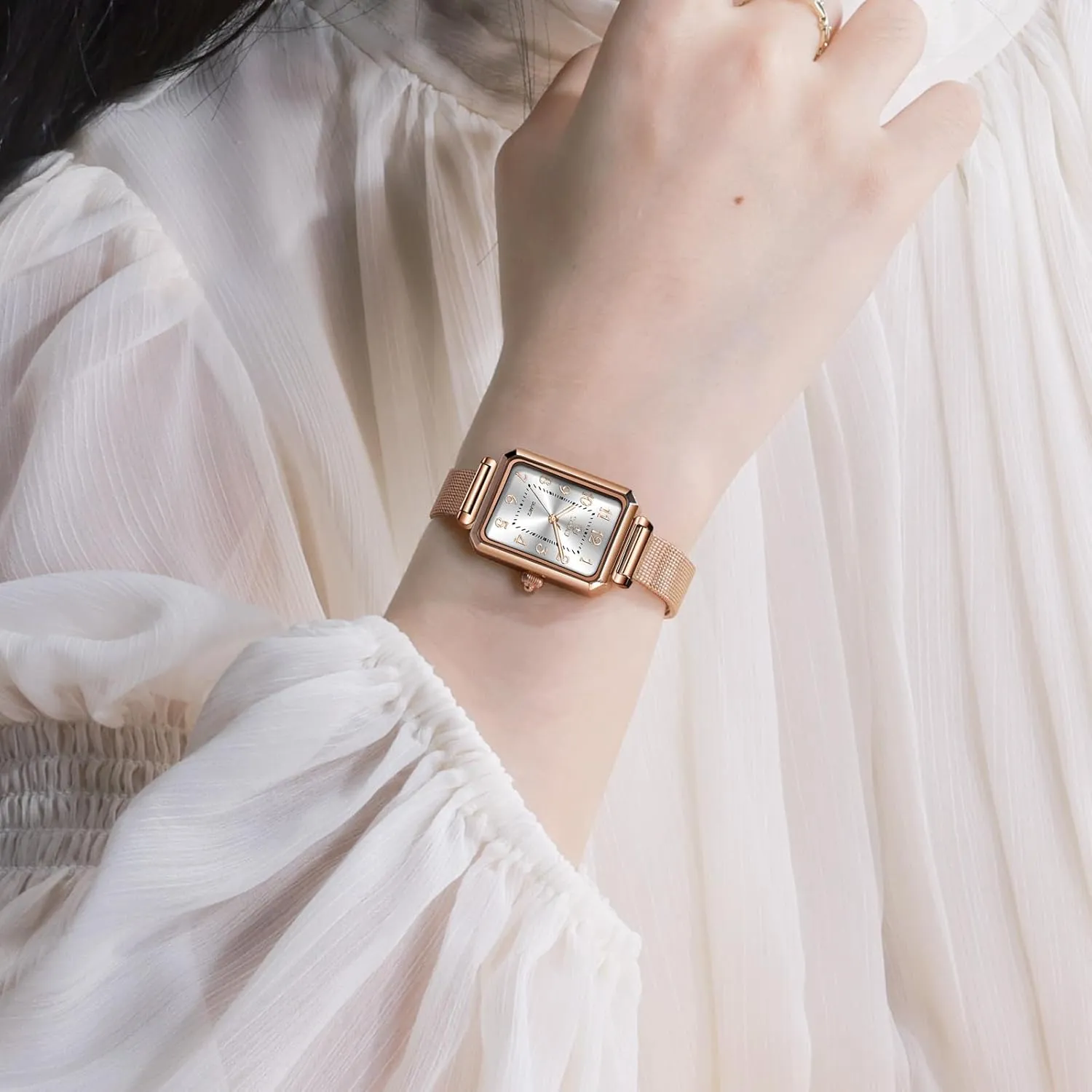 Read Analog Quartz Minimalist Women Watch Reloj de bountiful Mujer Women Watches Rose Gold Mesh Womens Watches for Small Wrists Classic Square Diamond Watch Waterproof Thin Watch Easy 