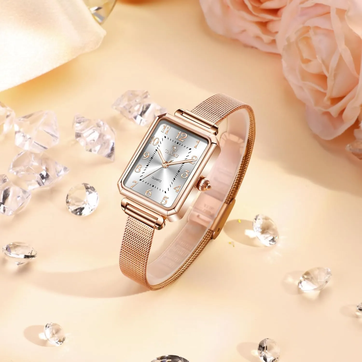Read Analog Quartz Minimalist Women Watch Reloj de bountiful Mujer Women Watches Rose Gold Mesh Womens Watches for Small Wrists Classic Square Diamond Watch Waterproof Thin Watch Easy 