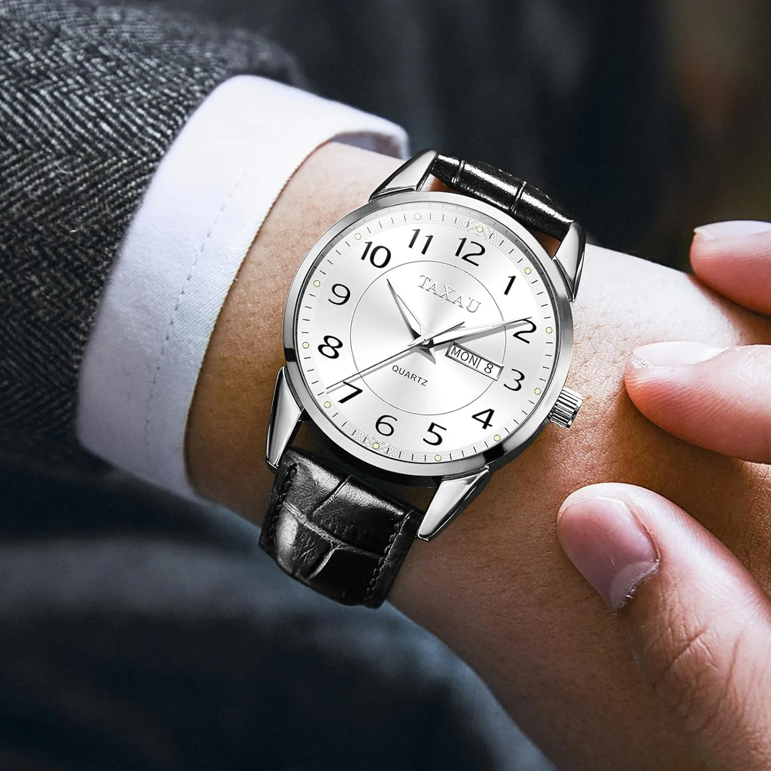Read with Date Number Dial Relojes para Hombre Mens Leather excise Watch Large Face Classic Quartz Mens Analog Watches Luxury Dress Watches for Men Waterproof Men's Wrist Watch Easy 