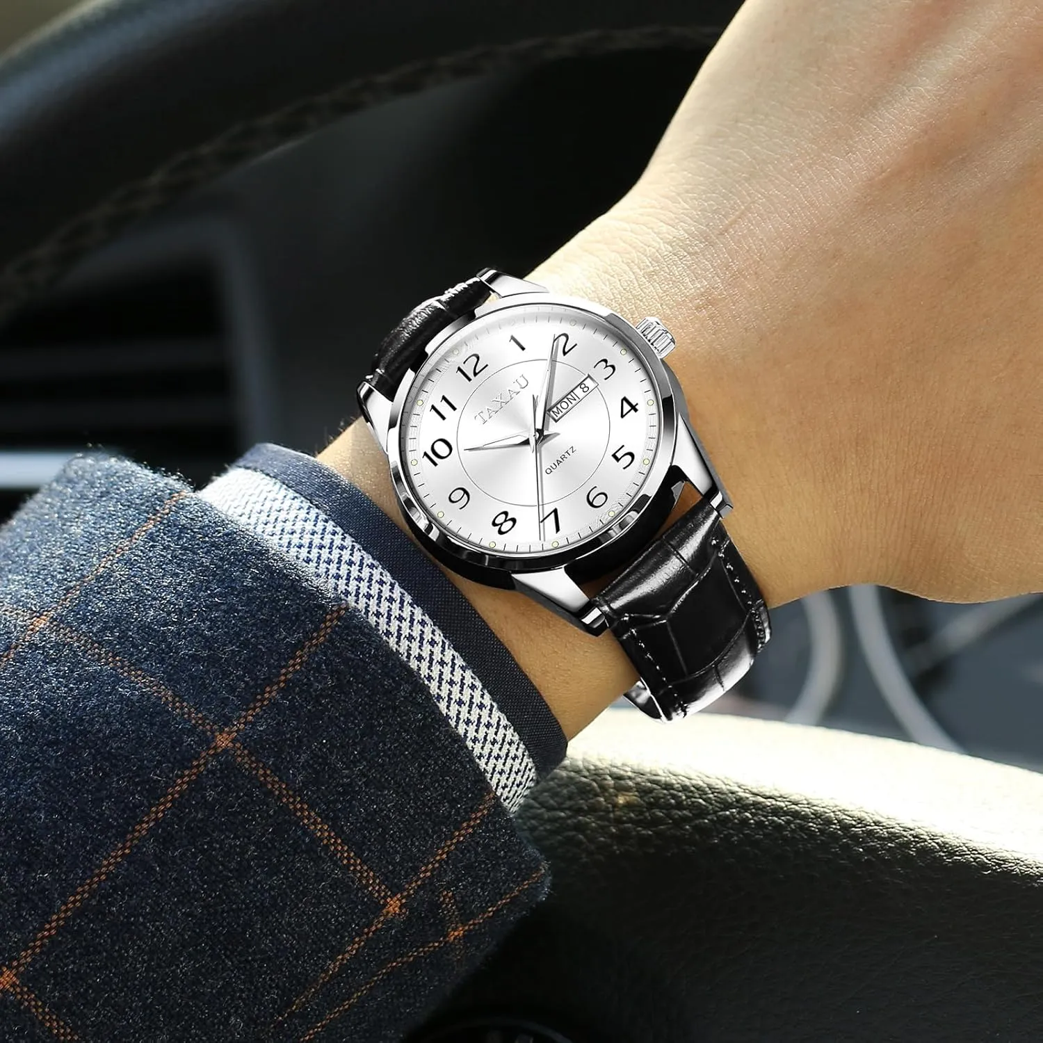 Read with Date Number Dial Relojes para Hombre Mens Leather excise Watch Large Face Classic Quartz Mens Analog Watches Luxury Dress Watches for Men Waterproof Men's Wrist Watch Easy 