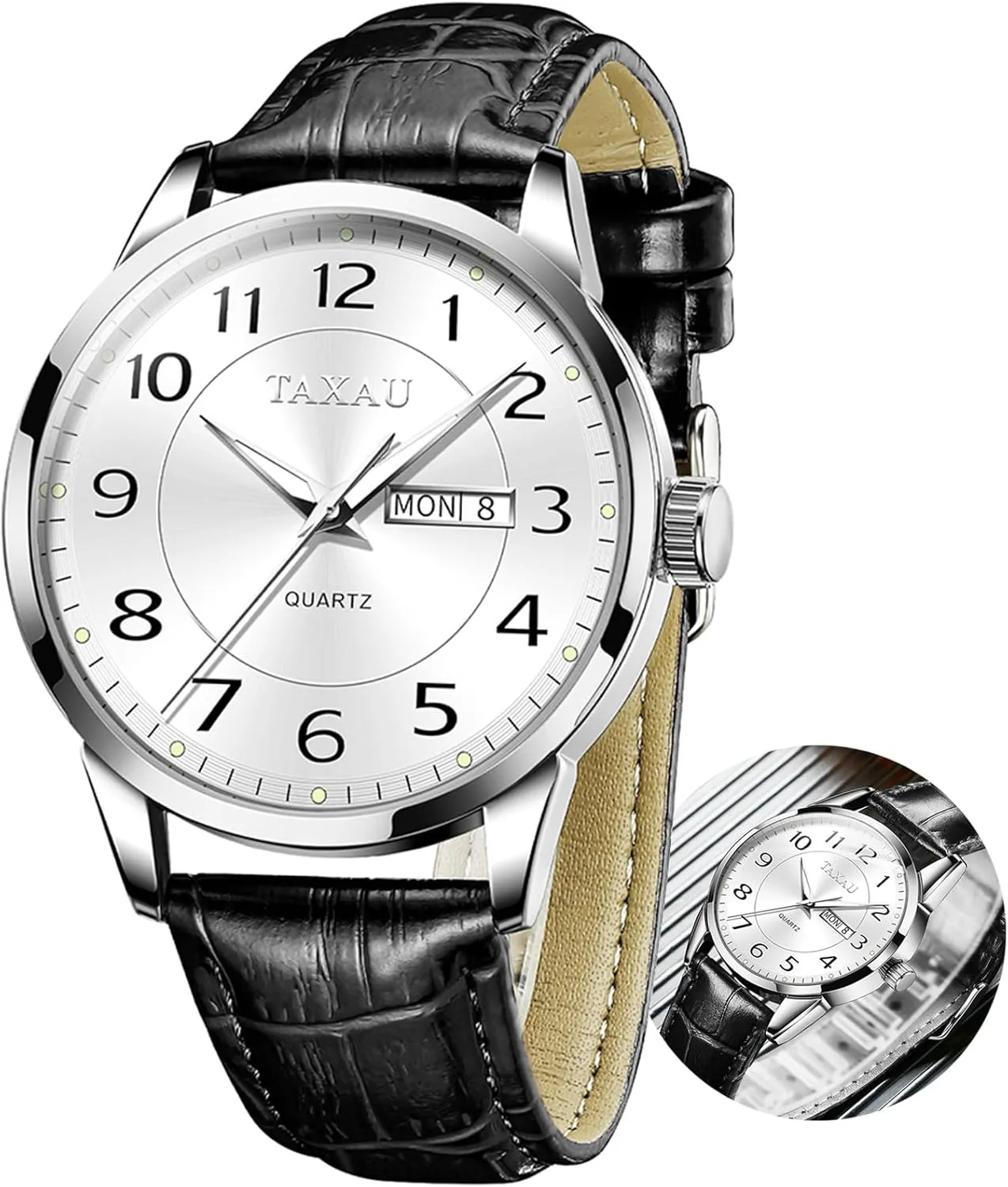 Read with Date Number Dial Relojes para Hombre Mens Leather excise Watch Large Face Classic Quartz Mens Analog Watches Luxury Dress Watches for Men Waterproof Men's Wrist Watch Easy 