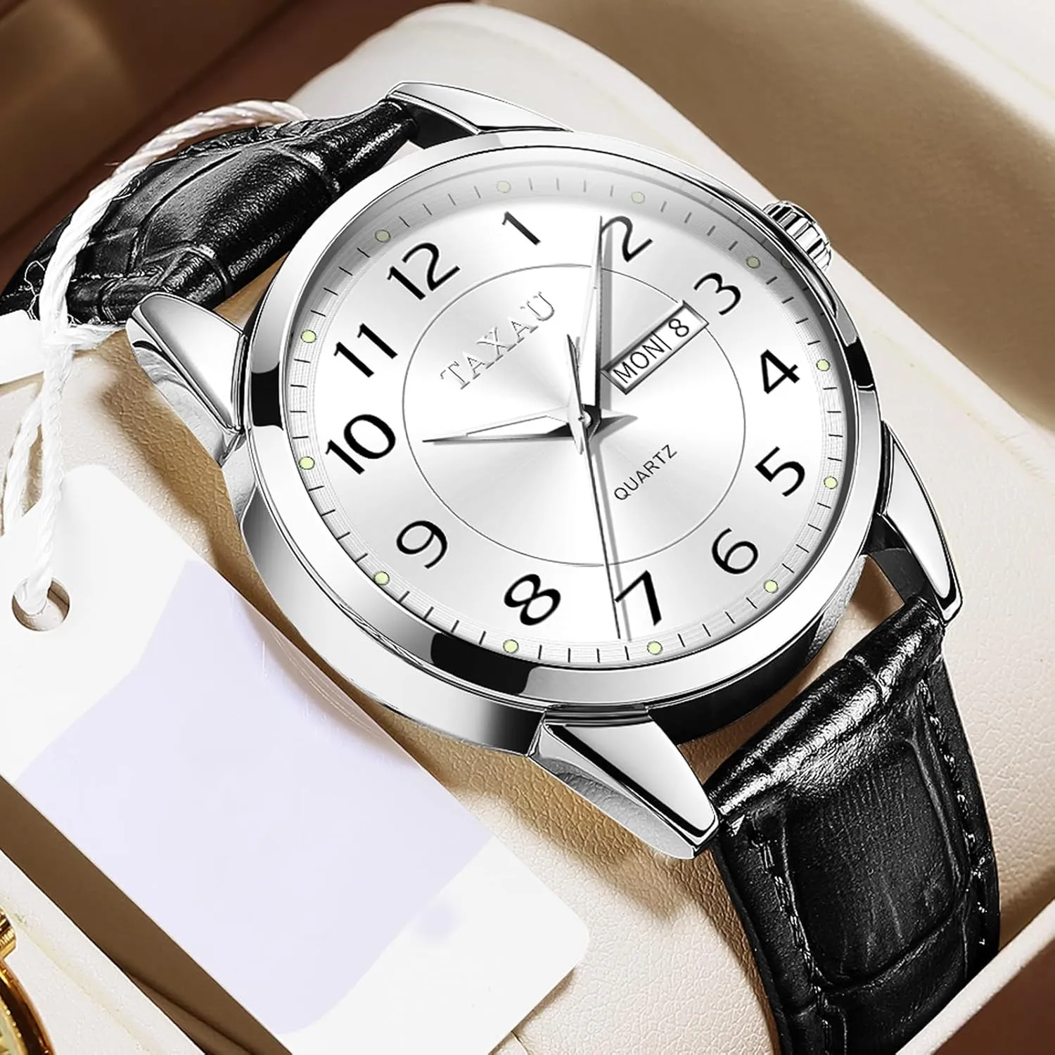 Read with Date Number Dial Relojes para Hombre Mens Leather excise Watch Large Face Classic Quartz Mens Analog Watches Luxury Dress Watches for Men Waterproof Men's Wrist Watch Easy 