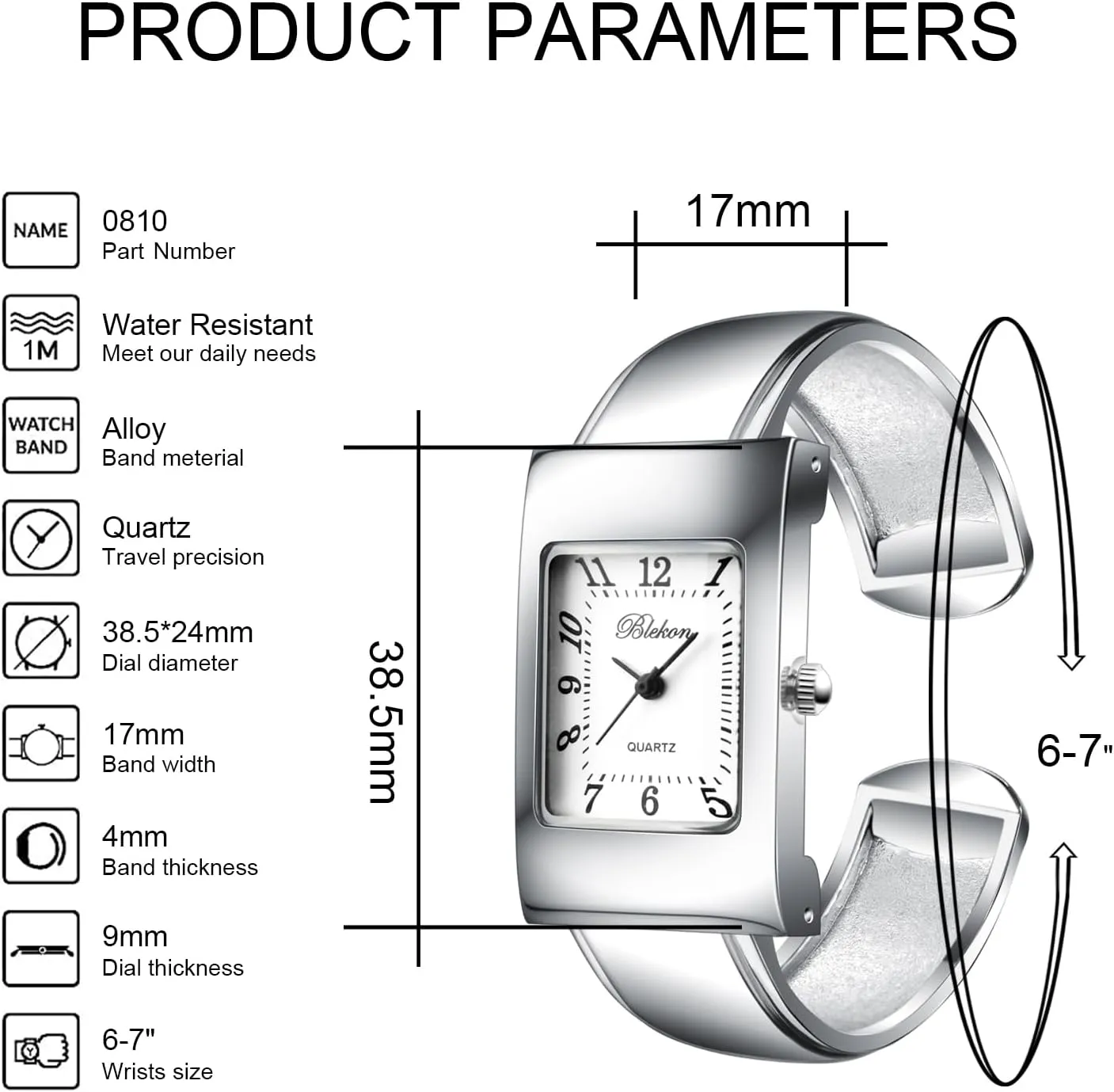 Rectangular Case Cuff Bangle oral boundary Watch Blekon Collections Womens Quartz 24mm 