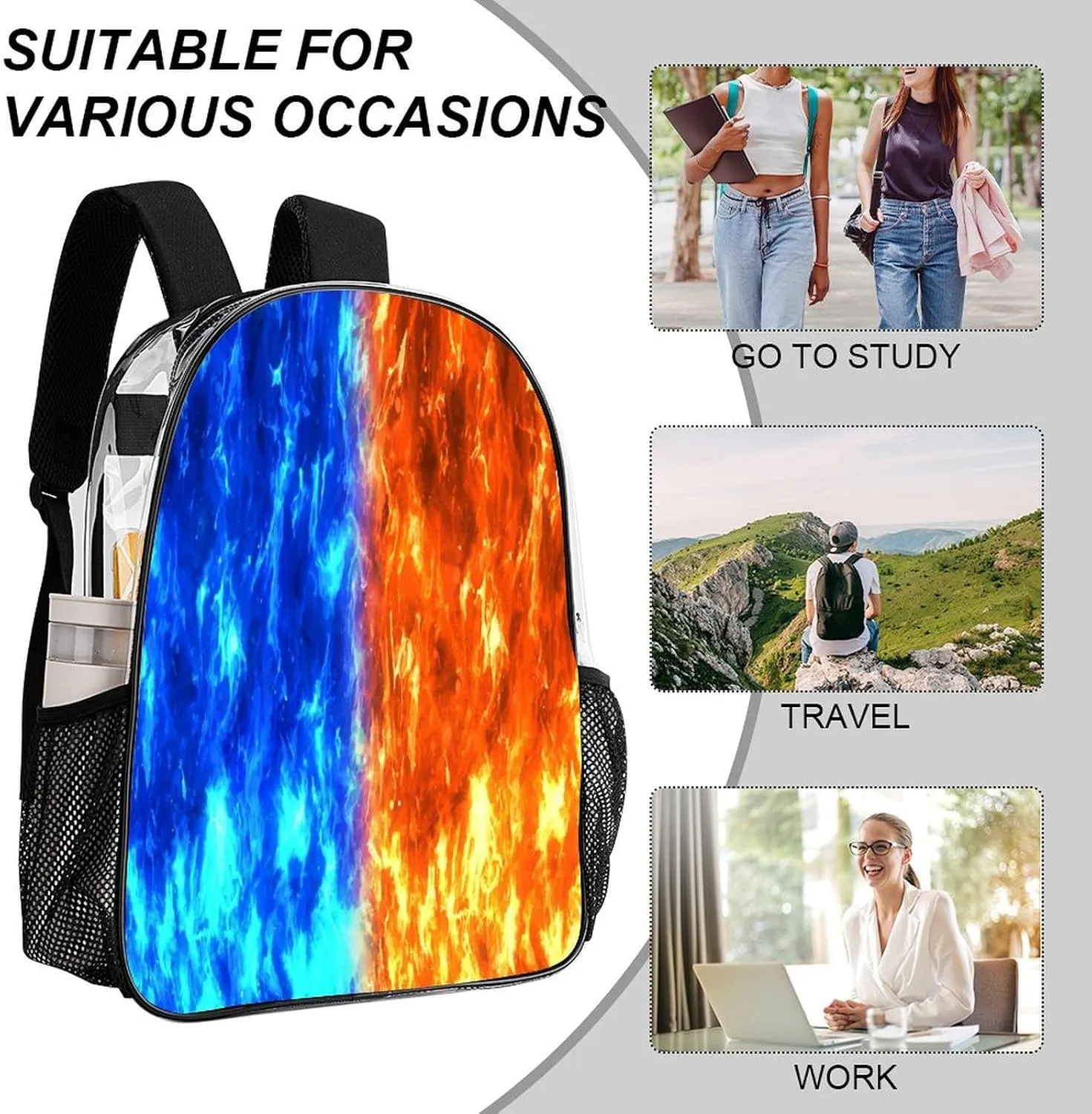 Red strange disorientation Blue Flame 17 Inch Clear PVC Backpack for Outdoor Hiking Business Casual Lightweight Daypack Men Women 43x32x13cm Conflicting 