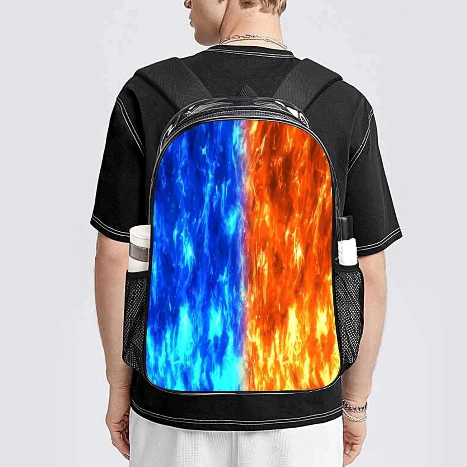 Red strange disorientation Blue Flame 17 Inch Clear PVC Backpack for Outdoor Hiking Business Casual Lightweight Daypack Men Women 43x32x13cm Conflicting 