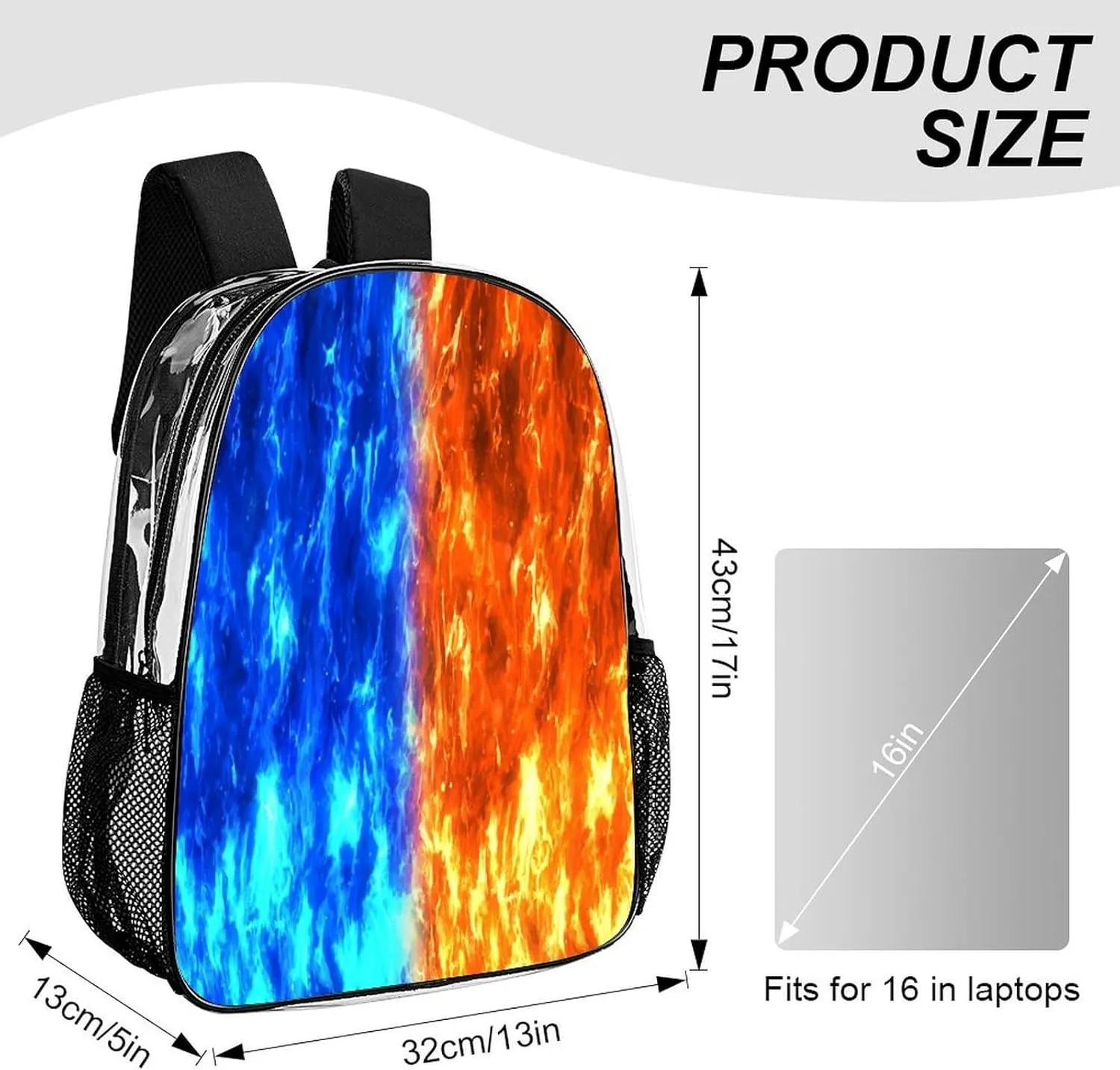 Red strange disorientation Blue Flame 17 Inch Clear PVC Backpack for Outdoor Hiking Business Casual Lightweight Daypack Men Women 43x32x13cm Conflicting 