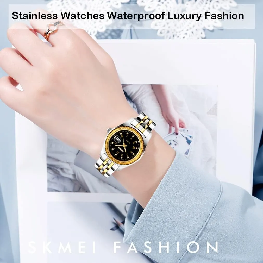 reliance peripheral Gold Silver Wrist Watch SKMEI Watches for Women Ladies Female Stainless Dress Luxury Business Classic Fashion Analog Quartz Waterproof Simple Day Date Wife Girls Gifts 