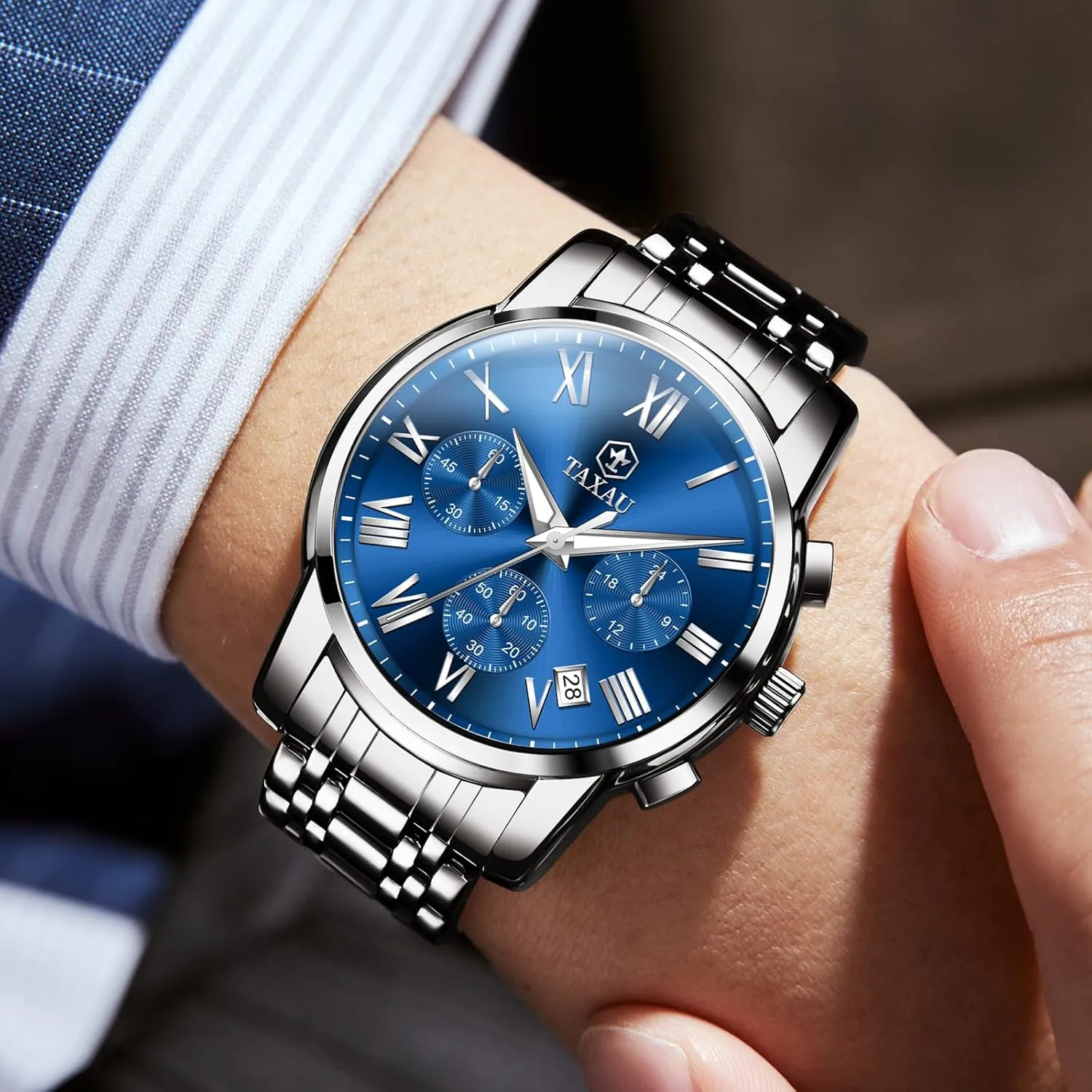 reloj de Hombre Watch vocal relief Men Stainless Steel Luxury Diamond Chronograph with Date Business 