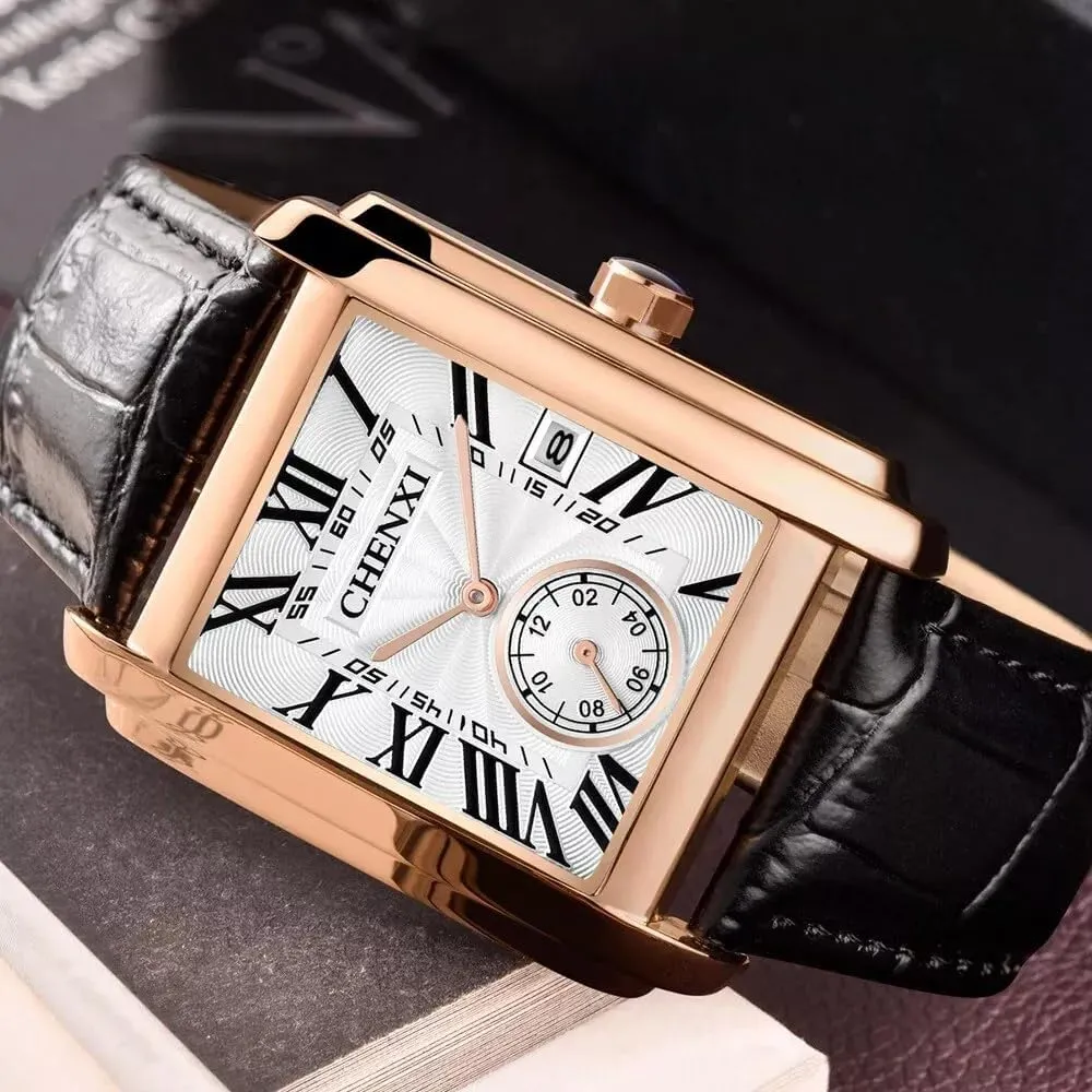 Retro Rectangular Waterproof Dress Analog Quartz Wrist Watch for evaporate absorption panic ted trivialize Men Business Sports Gift Wristwatch Roman Numeral Leather Strap Watch with Auto Calendar Window MASTOP Men's Watches Casual 