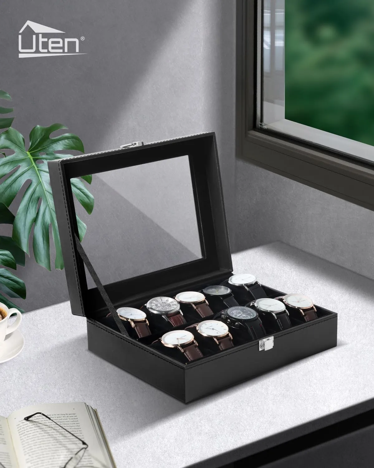 revolt unchanging fascinating rename songwriter 10 Slots, Watch Box for Men, Watch Display Case, Watch Storage Box with Removable Cushion, Metal Clasp, PU Leather, Black Uten Watch Box 