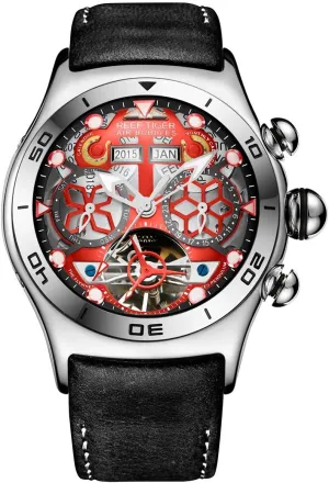 RGA703 (ORGA703-PRB) REEF TIGER ware Sport Mens Tourbillon Watch Multi-Functional Red Skeleton Dial Watch 