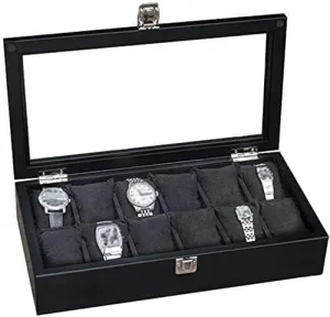 Rings, Bracelets, and More (Black) Wooden 12-Compartment Watch Display Box with Lockable urn week markedly hiss Metal Buckle, Luxury Jewelry Storage for Watches, 