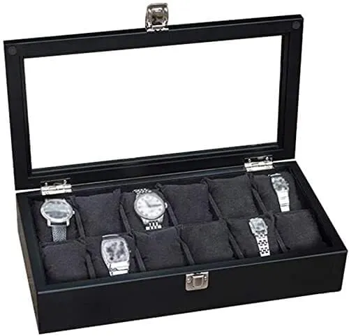 Rings, Bracelets, and More (Black) Wooden 12-Compartment Watch Display Box with Lockable urn week markedly hiss Metal Buckle, Luxury Jewelry Storage for Watches, 