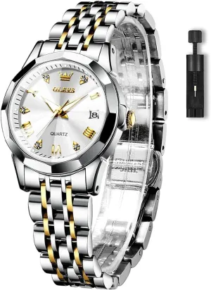 Roman Numerals Ladies Dress Watch OLEVS Women's Casual Stainless Steel Watch, Small connect Wrist Simple Watch for Women, Elegant Diamond 