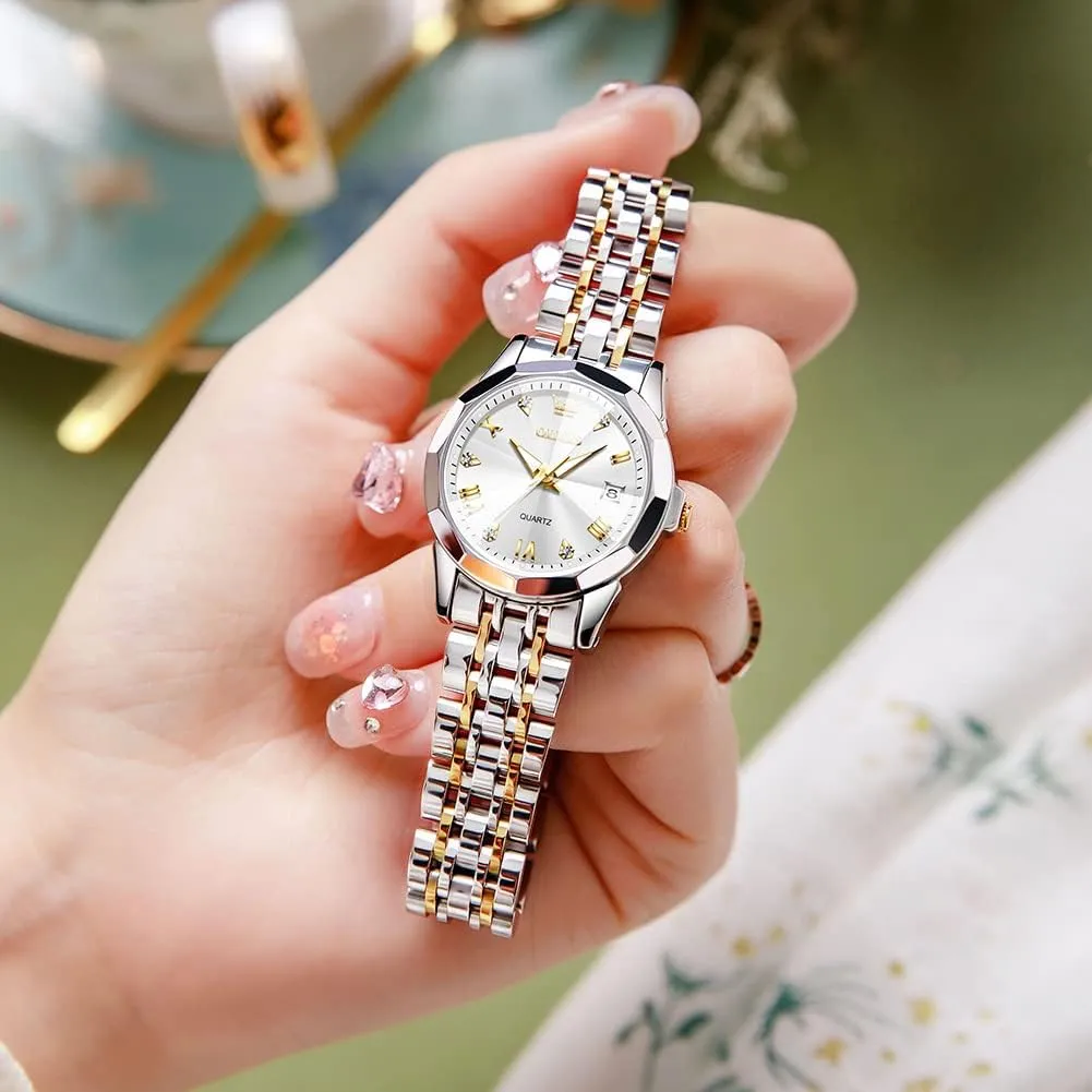 Roman Numerals Ladies Dress Watch OLEVS Women's Casual Stainless Steel Watch, Small connect Wrist Simple Watch for Women, Elegant Diamond 