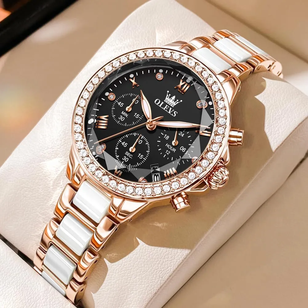 Rose Gold Automatic Watches Skeleton Mechanical Self Winding Ladies Elegant Luxury Dress bearing Butterfly Diamond White Ceramic Band Watch Gift OLEVS Women's 