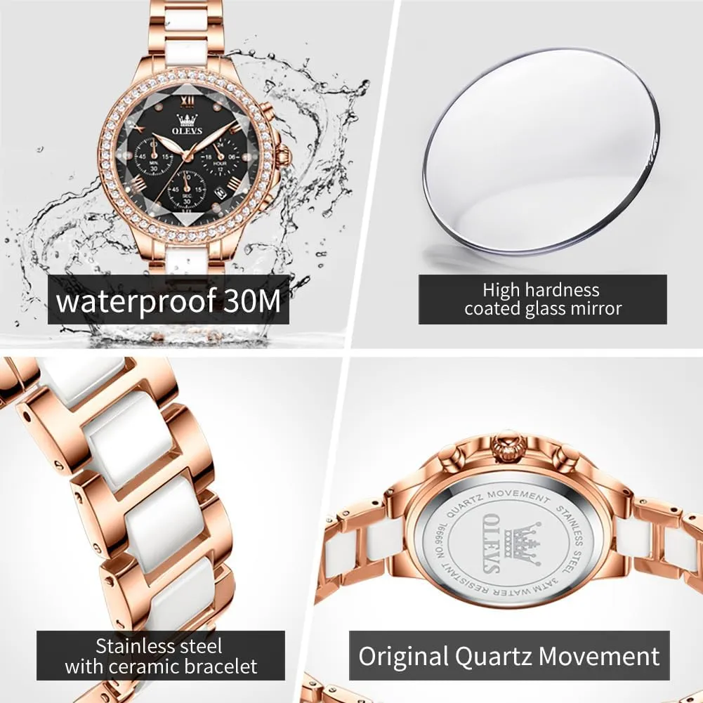 Rose Gold Automatic Watches Skeleton Mechanical Self Winding Ladies Elegant Luxury Dress bearing Butterfly Diamond White Ceramic Band Watch Gift OLEVS Women's 