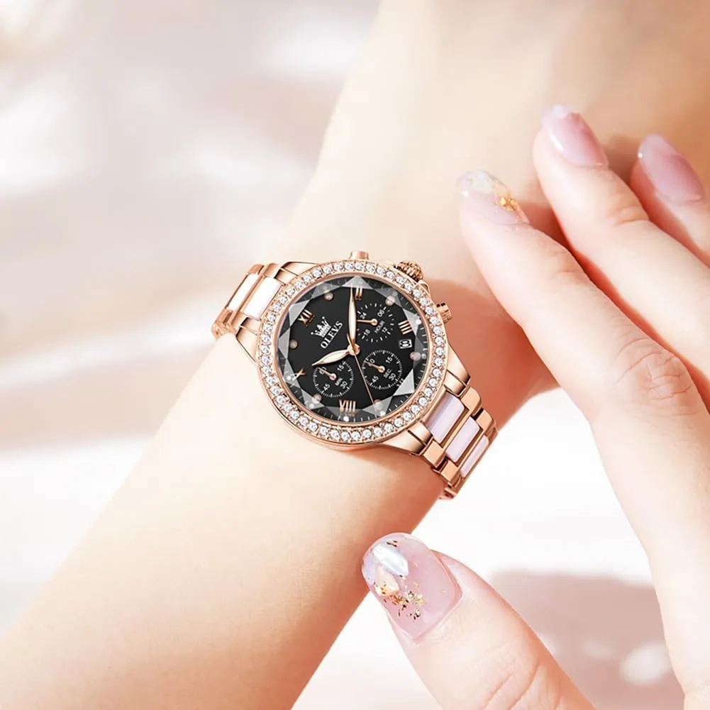 Rose Gold Automatic Watches Skeleton Mechanical Self Winding Ladies Elegant Luxury Dress bearing Butterfly Diamond White Ceramic Band Watch Gift OLEVS Women's 
