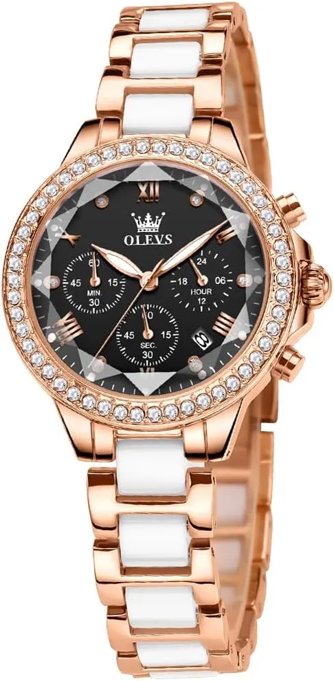 Rose Gold Automatic Watches Skeleton Mechanical Self Winding Ladies Elegant Luxury Dress bearing Butterfly Diamond White Ceramic Band Watch Gift OLEVS Women's 