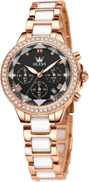 Rose Gold Automatic Watches Skeleton Mechanical Self Winding Ladies Elegant Luxury Dress bearing Butterfly Diamond White Ceramic Band Watch Gift OLEVS Women's 
