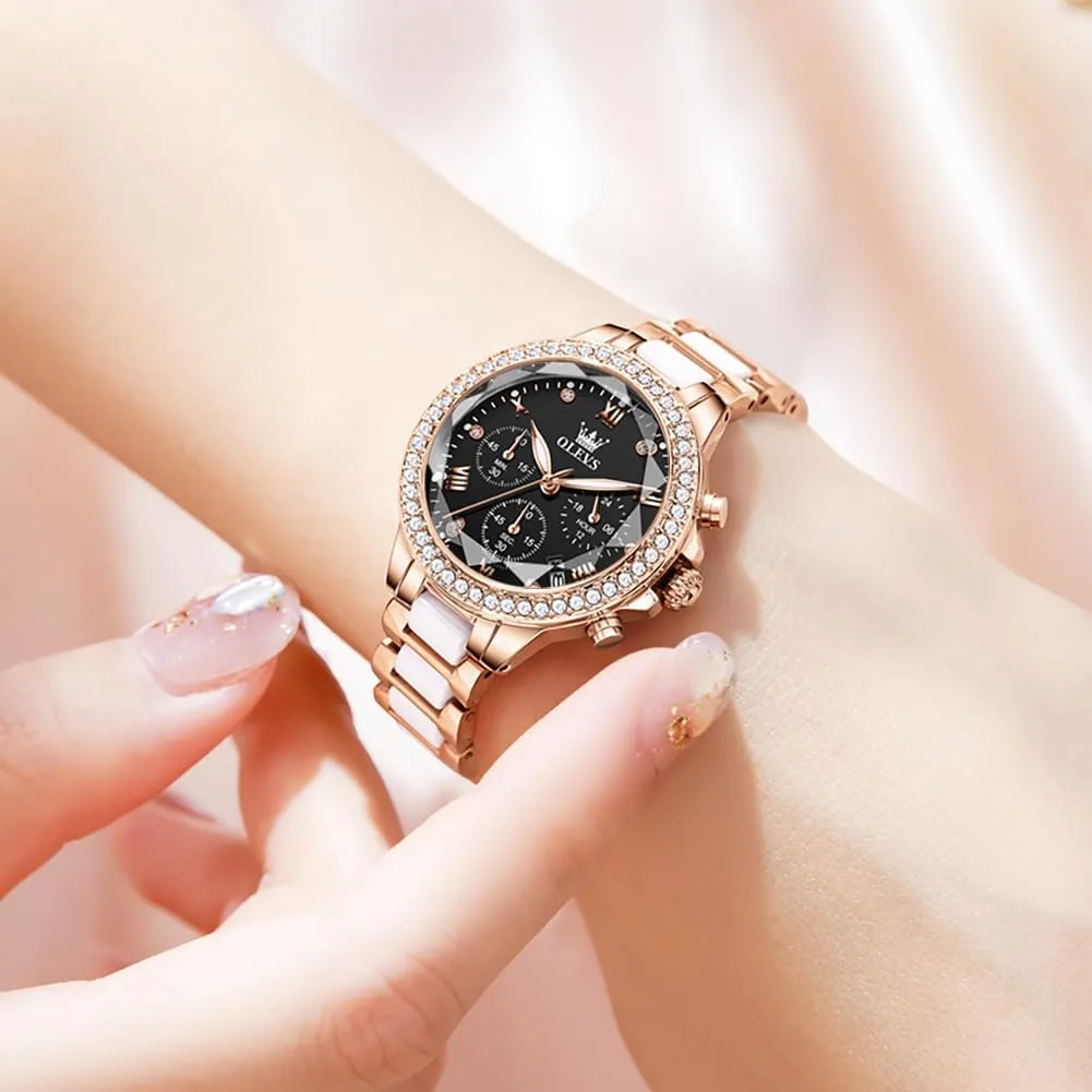 Rose Gold Automatic Watches Skeleton Mechanical Self Winding Ladies Elegant Luxury Dress bearing Butterfly Diamond White Ceramic Band Watch Gift OLEVS Women's 