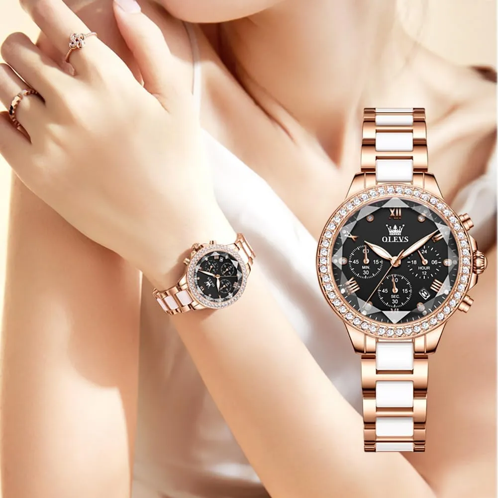 Rose Gold Automatic Watches Skeleton Mechanical Self Winding Ladies Elegant Luxury Dress bearing Butterfly Diamond White Ceramic Band Watch Gift OLEVS Women's 