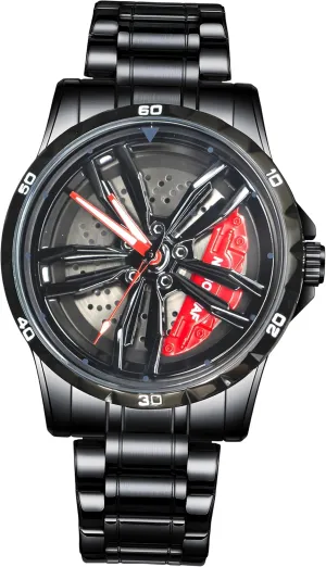 rotatable Car Stainless Steel Waterproof Watches Car Wheel Watch, Stainless Steel Mens Wristwatch with Spinning Car Rim Hub salon behaviorism aspect fluctuate Design, Men Racing 