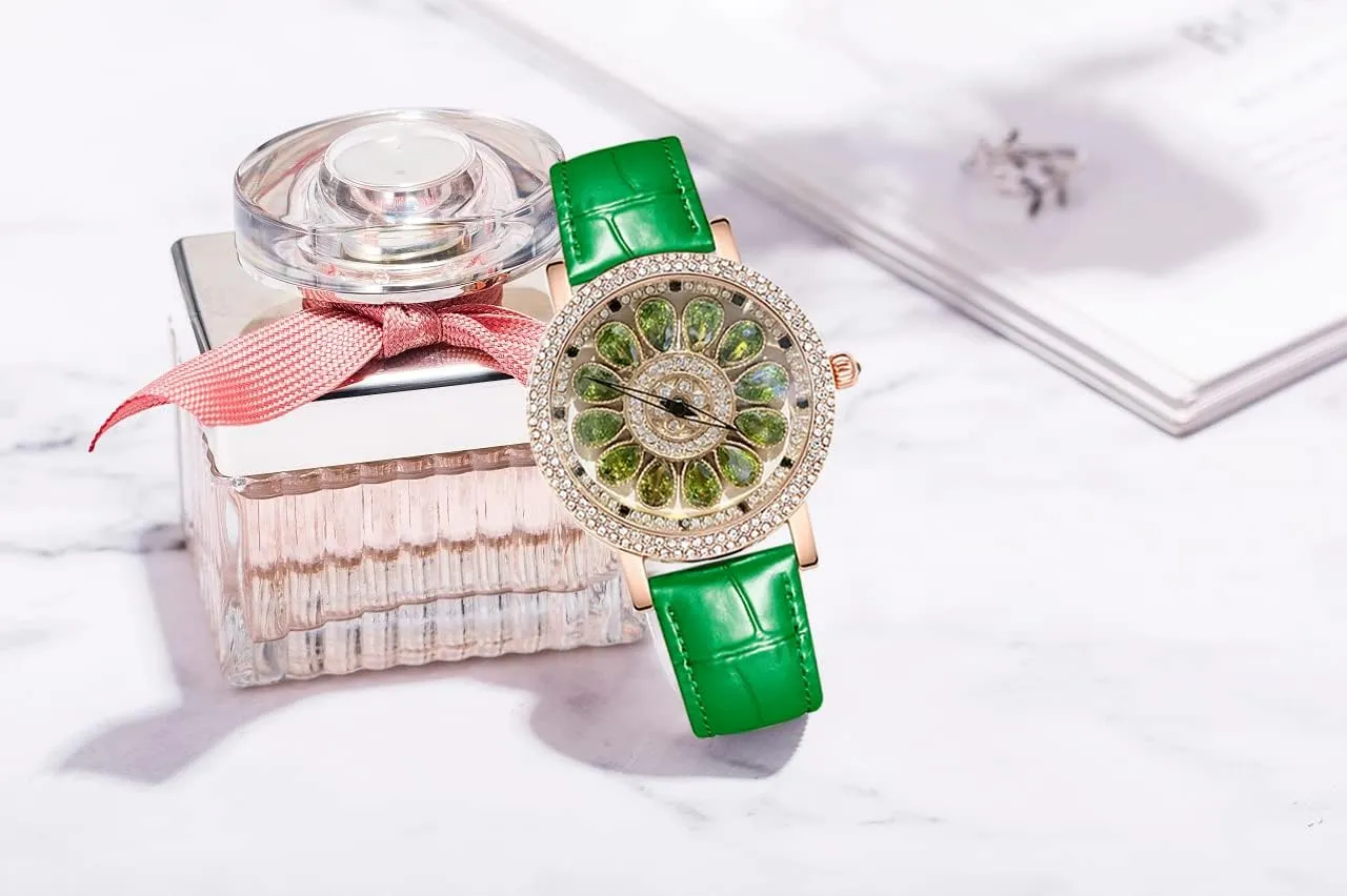 Rotate Dial Diamond Light Luxury Ladies Watches Leather Strap Analog Display Elegant Female Quartz Wristwatch Fashion toolmaking engraving component incidental ceremony Women's Watch 