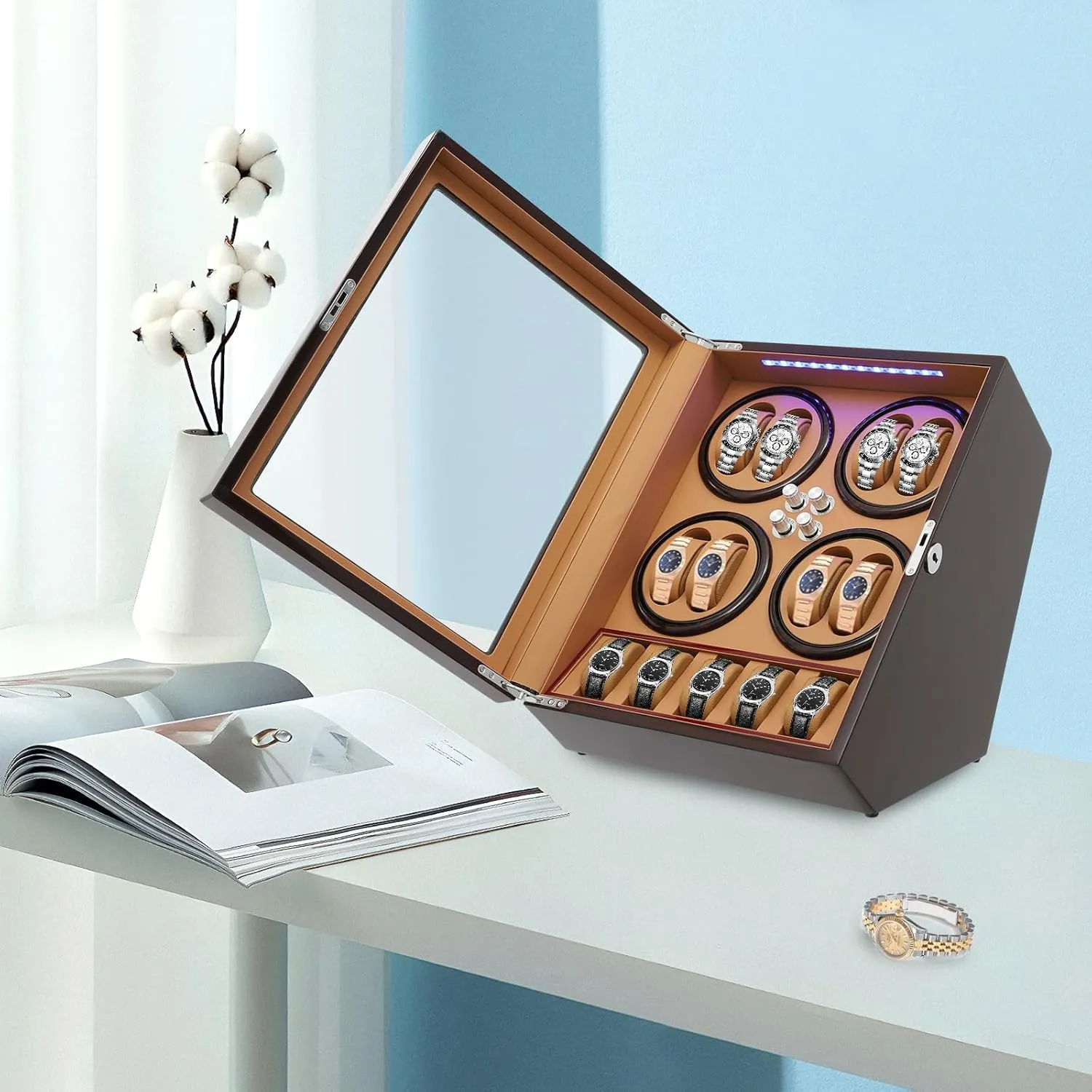 Rotation Modes, Silent Copper Motor, Elegant Design for Up to 8 Watches - Perfect for Watch lore Collectors Luxury 8 5 Automatic Watch Winder with LED Backlight, 4 