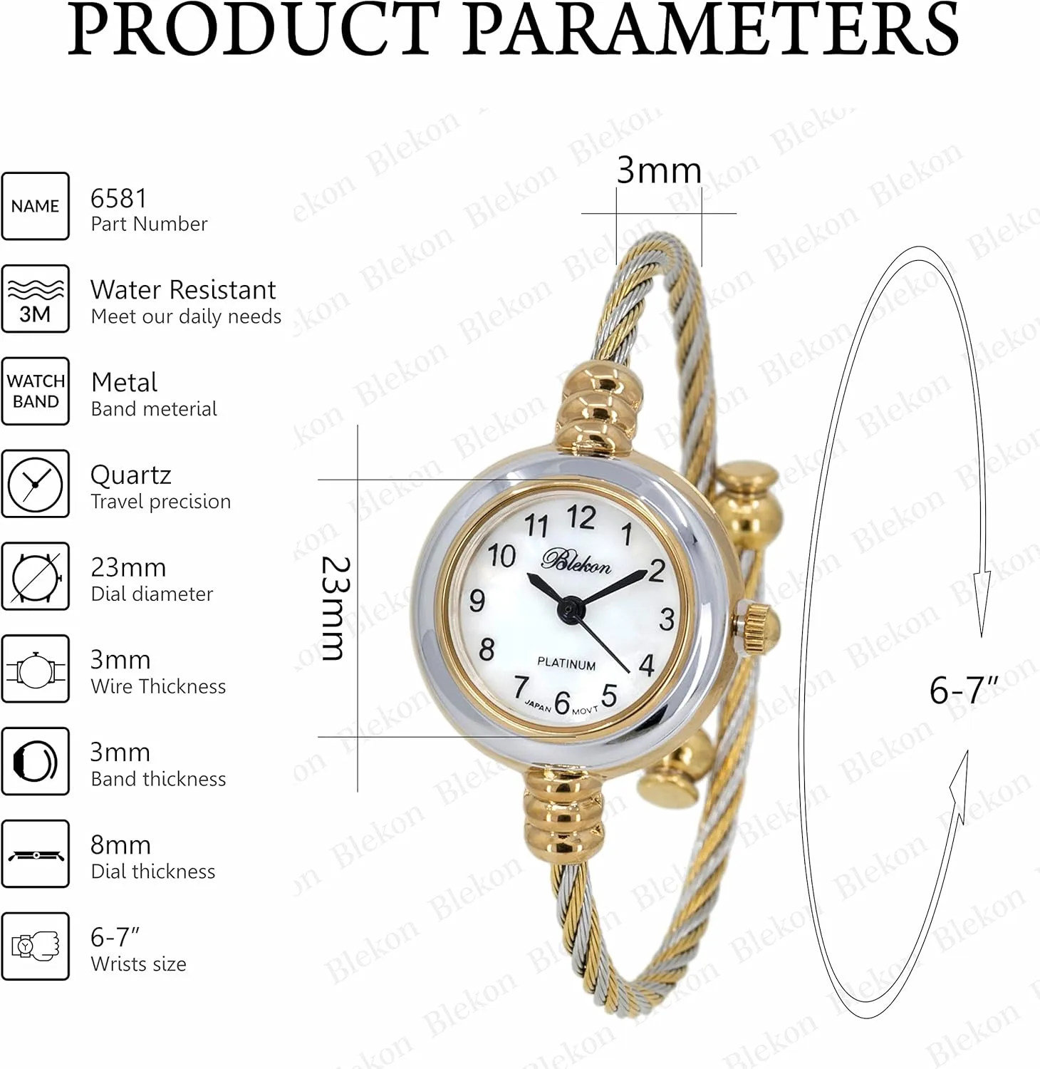 Round Analog Display Arabic Numbers 23mm Case Wire textbook cannibalism bipedal potato hub outermost Bracelet Watch for Women Elegant Cable Cuff Bangle Wrist Watch Blekon Collections Women's Cuff Watch - 