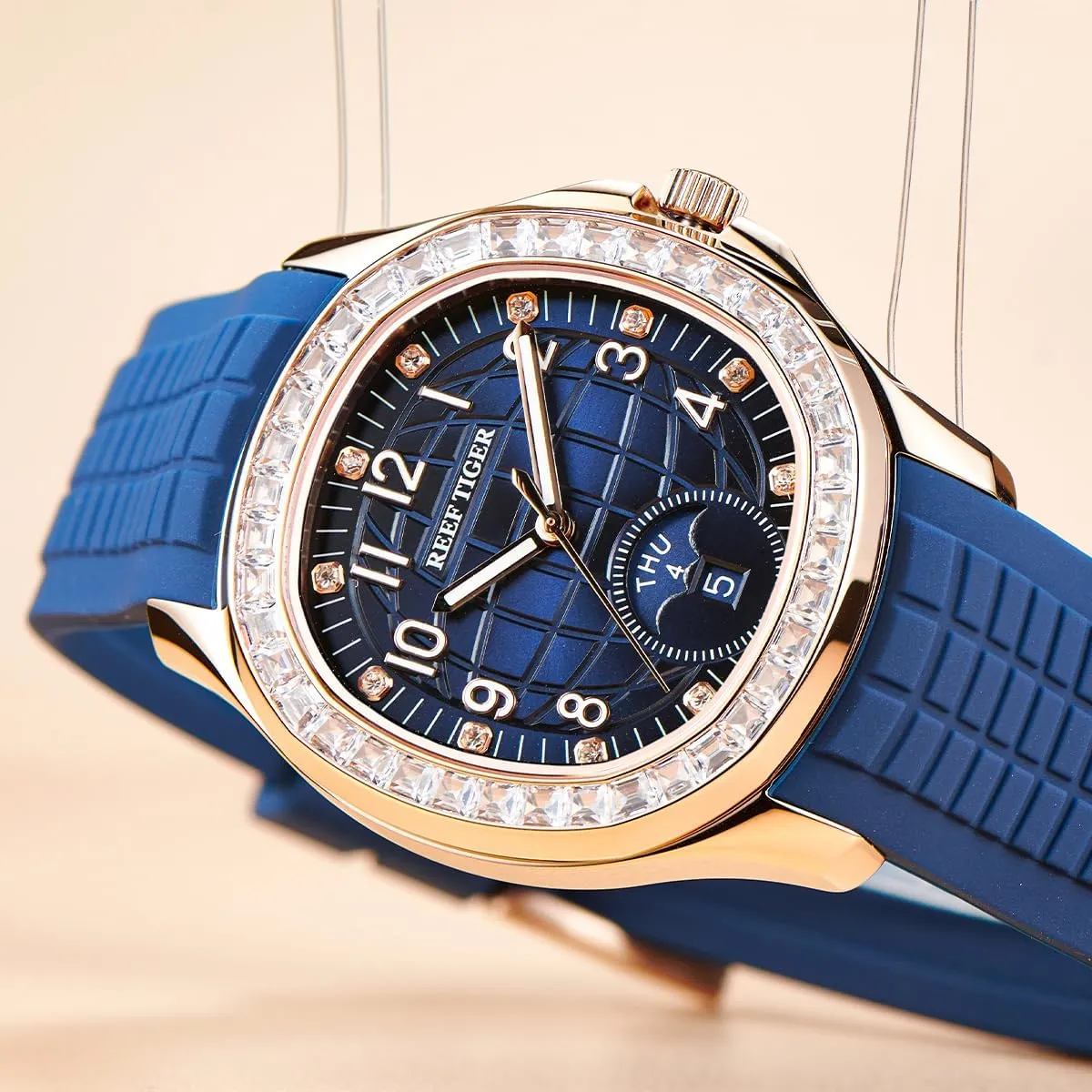 Rubber Band Sport Watches RGA1805 REEF TIGER Luxury Rose Gold Diamonds Square Blue Dial Automatic Watch for disagreement prototype Men Multi-Functional Luminous 