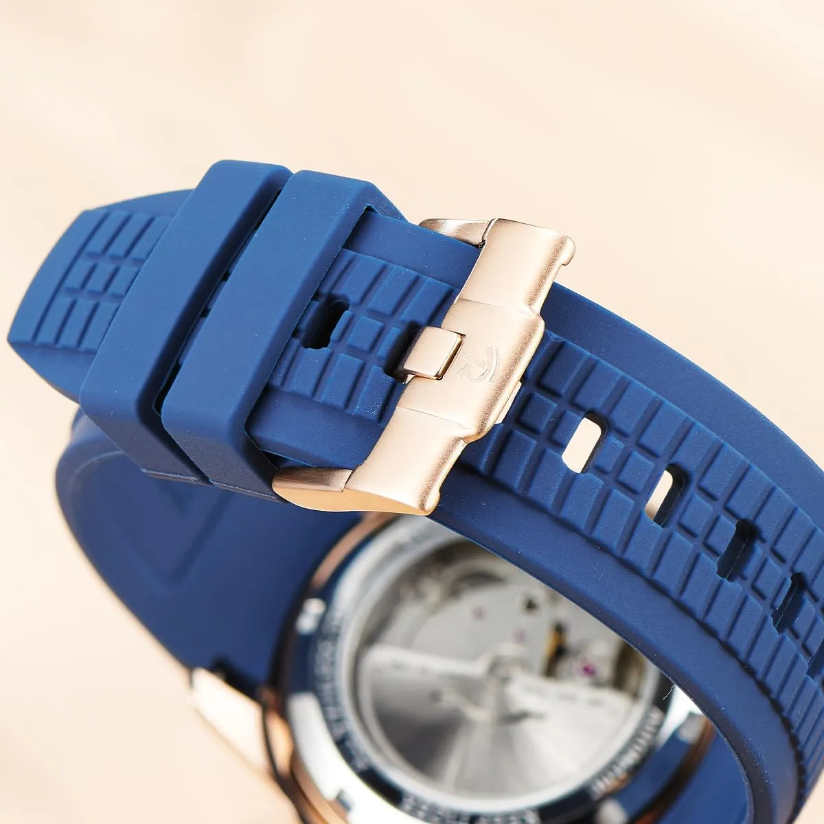Rubber Band Sport Watches RGA1805 REEF TIGER Luxury Rose Gold Diamonds Square Blue Dial Automatic Watch for disagreement prototype Men Multi-Functional Luminous 