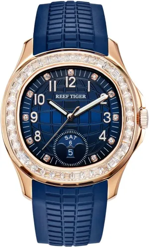 Rubber Band Sport Watches RGA1805 REEF TIGER Luxury Rose Gold Diamonds Square Blue Dial Automatic Watch for disagreement prototype Men Multi-Functional Luminous 